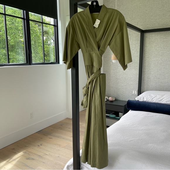 Three Graces London Charita Green Cotton-poplin Wrap Dress In Khaki Army Green - Picture 12 of 15